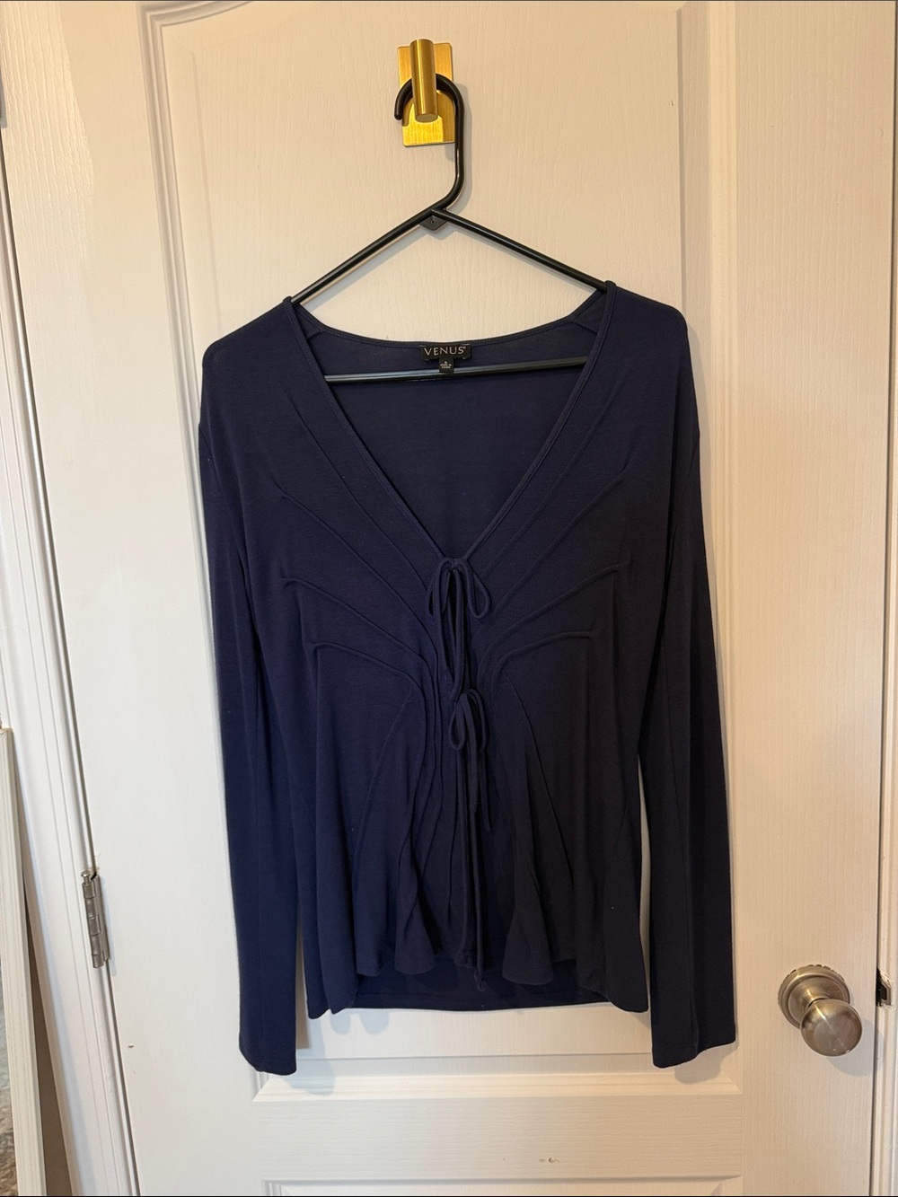 VENUS Navy Long-Sleeve Tie-Front Light Sweater